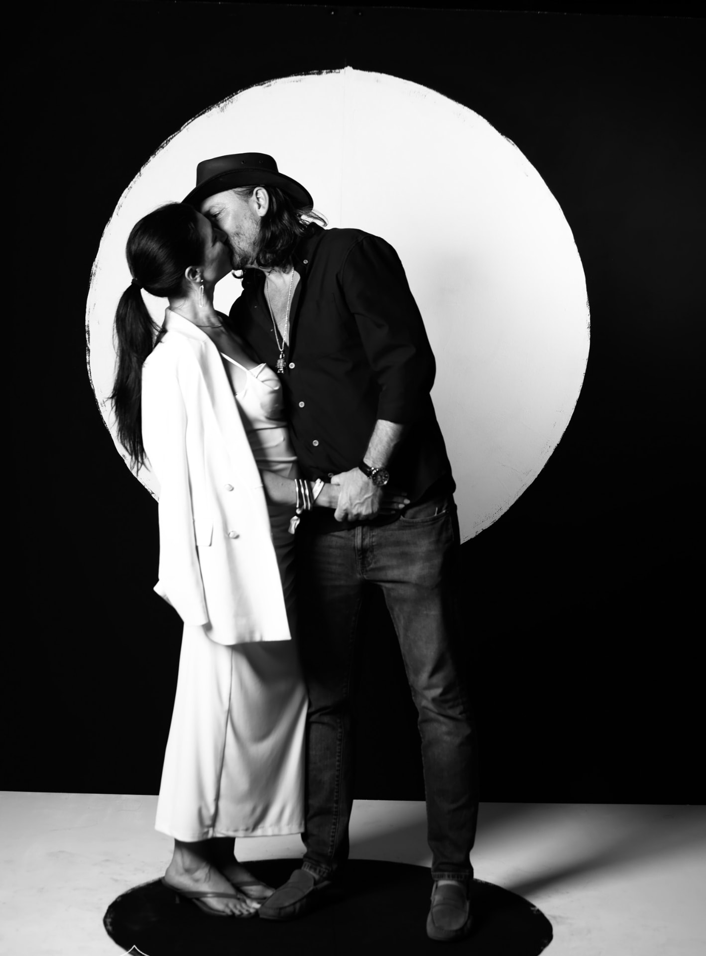 Patrick and Sarah together in a black-and-white portrait